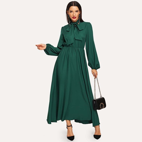 

Lantern Sleeve Tie Neck Maxi Dress, Green