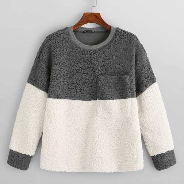 

Color Block Pocket Front Teddy Pullover
