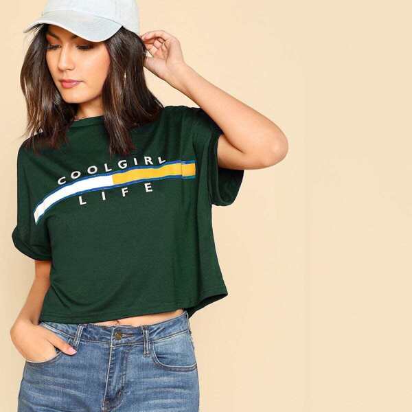 

Letter Print Roll Up Sleeve Tee