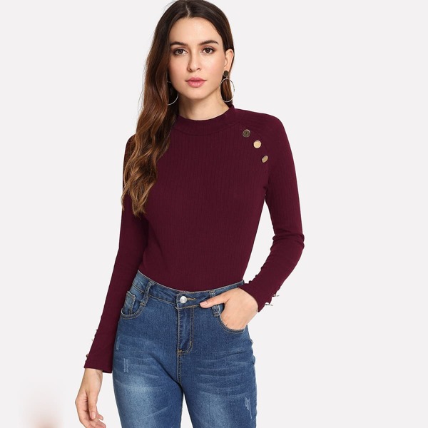 

Ribbed Knit Button Mock Neck Tee