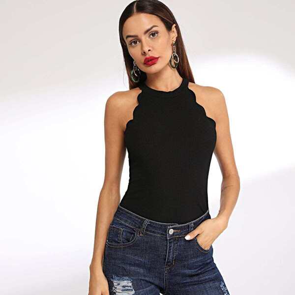 

Scallop Trim Halter Rib-Knit Top, Black