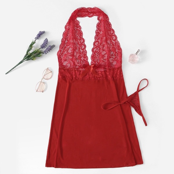 

Plus Scalloped Trim Contrast Lace Dress With Thong, Red bright