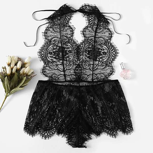 

Plus Eyelash Floral Lace Romper Bodysuit