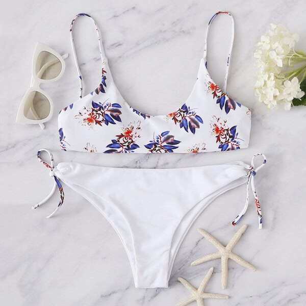 

Random Flower Top With Self Tie Side Bikini Set