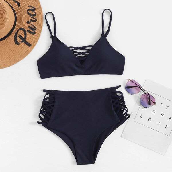 

Thin Strap Lattice Top With High Waist Bikini Set, Navy