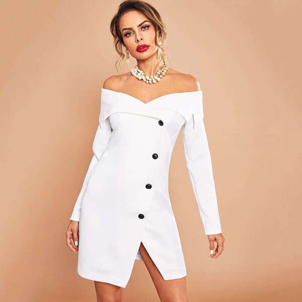 

Foldover Off Shoulder Button Through Blazer Dress