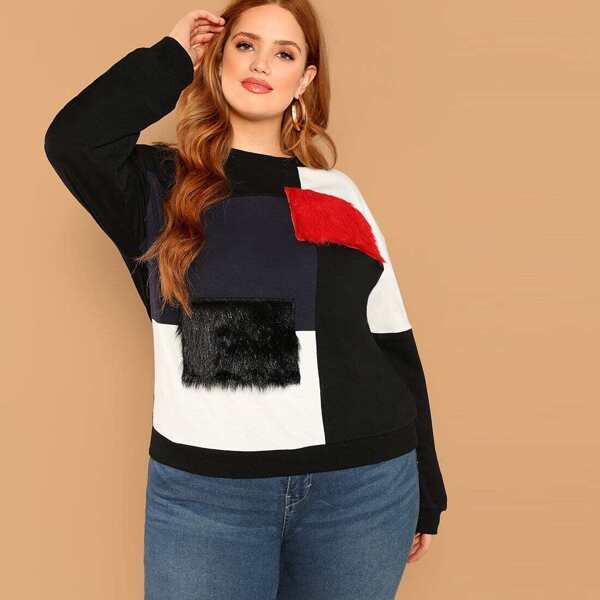 

Plus Contrast Faux Fur Detail Colorblock Pullover