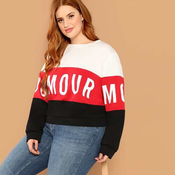 

Plus Letter Print Color Block Sweatshirt