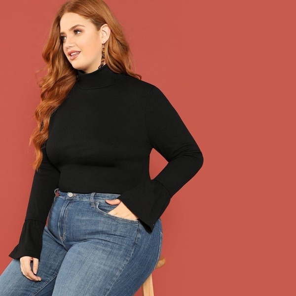 

Plus Flounce Sleeve Turtleneck Tee, Black