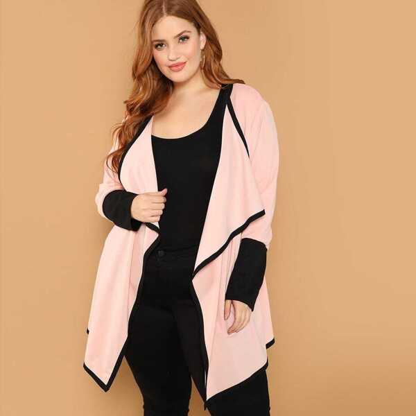 

Plus Draped Collar Contrast Trim Coat, Pink