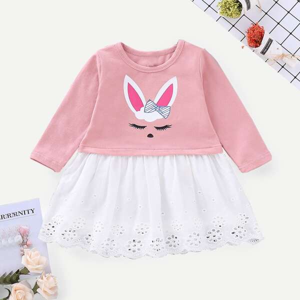 

Baby Cartoon Print Embroidered Eyelet Ruffle Trim Dress