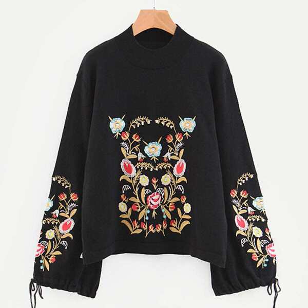 

Plus Knot Side Floral Embroidered Jumper