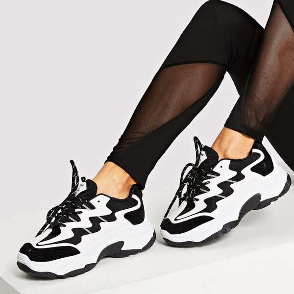 

Lace-up Chunky Sole Sneakers, Black and white
