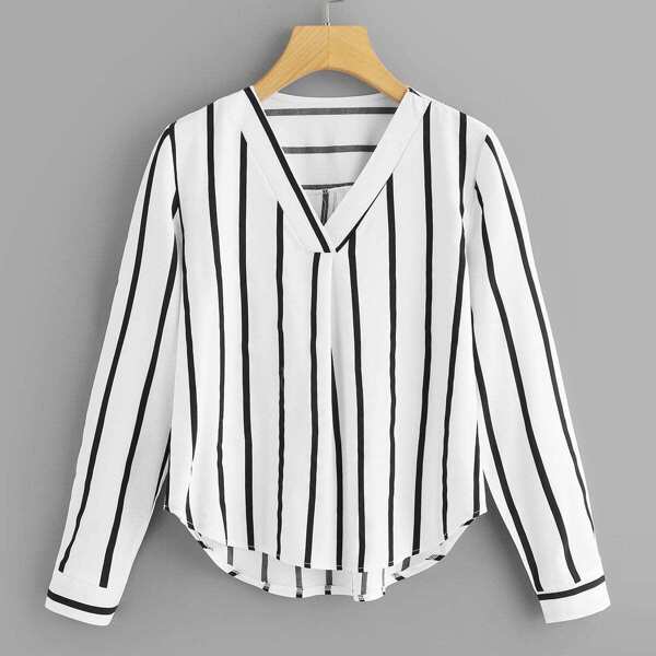 

Plus Striped V-Neck Blouse, Black and white