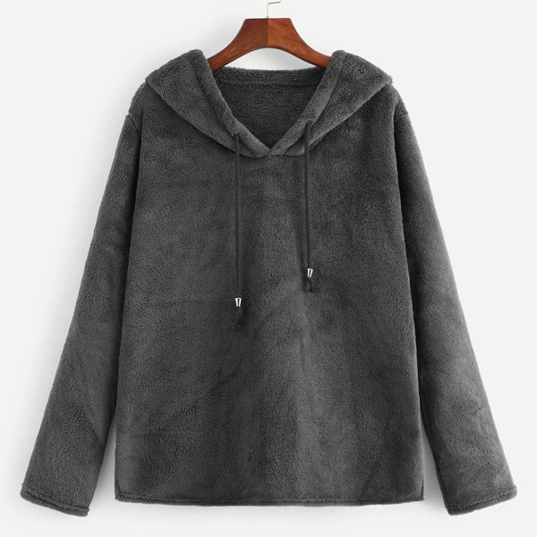 

Solid Drawstring Detail Teddy Sweatshirt, Grey