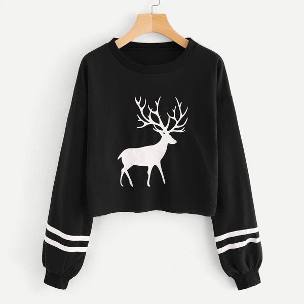 

Christmas Print Varsity Striped Crop Sweatshirt, Black