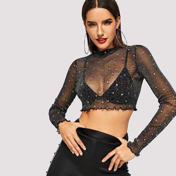

Lettuce Edge Star Glitter Sheer Crop Top