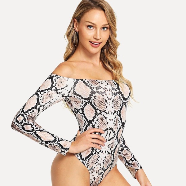 

Slim Fitted Snake Print Bardot Bodysuit