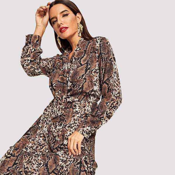 

Snakeskin Print Tie Neck Maxi Dress