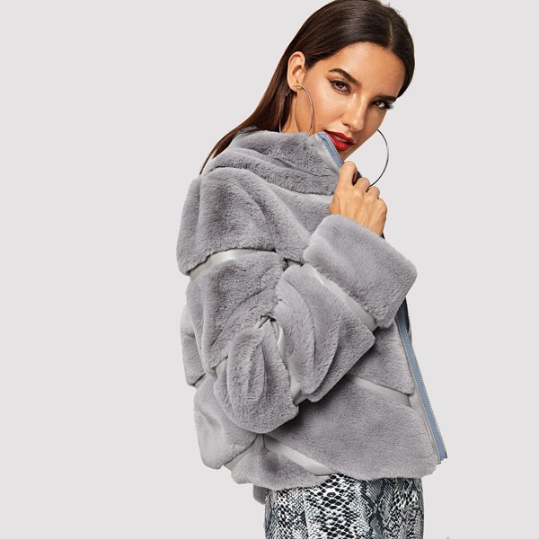 

Zipper Up Faux Fur Coat