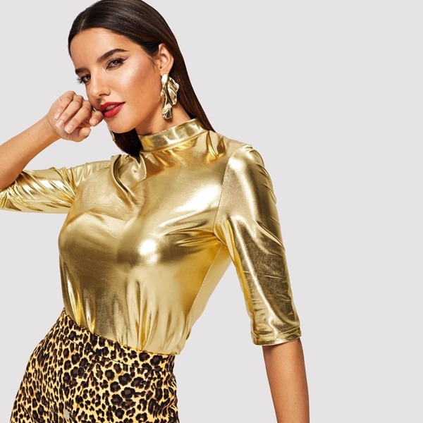 

Mock-Neck Metallic Tee