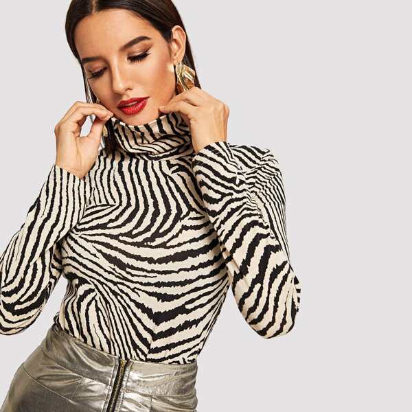 

High Neck Zebra Print Fitted Tee