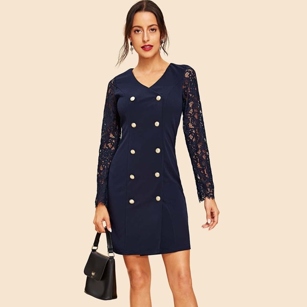 

Double Button Lace Sleeve Bodycon Dress