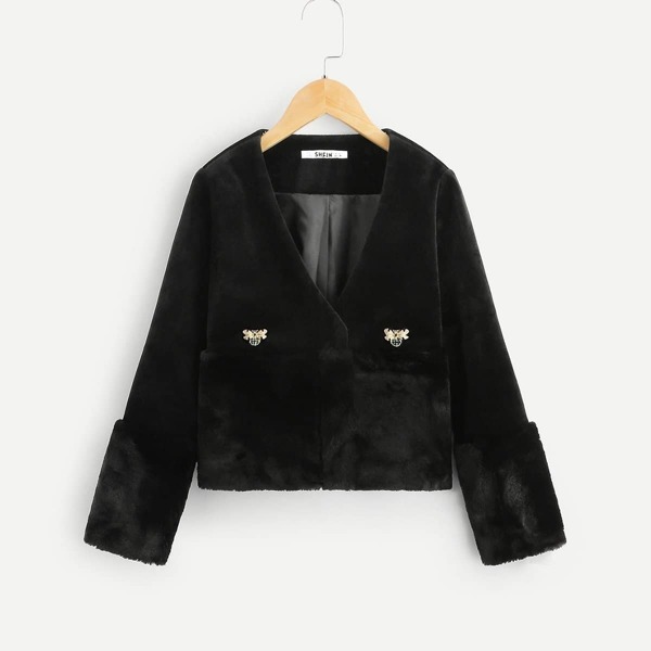 

Girls V-Neck Faux Fur Detail Coat
