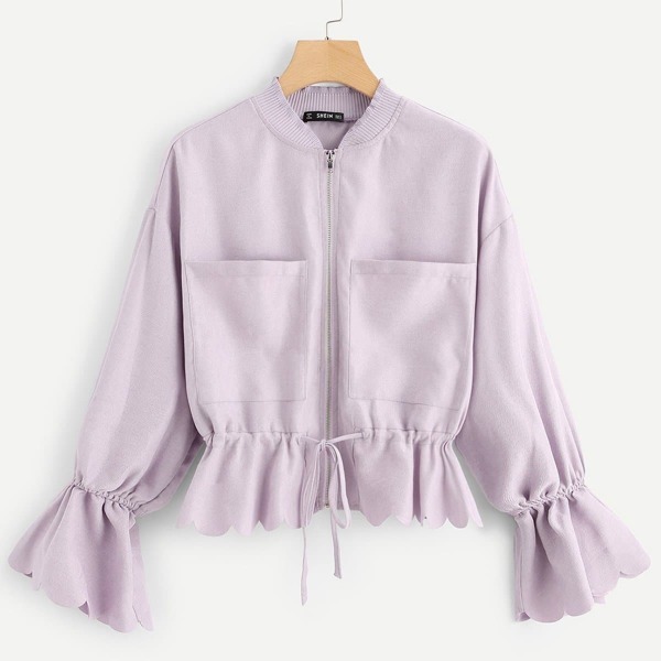 

Bell Sleeve Pocket Front Scallop Jacket, Purple