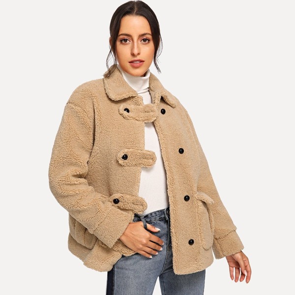 

Solid Pocket Front Fuzzy Teddy Coat, Camel