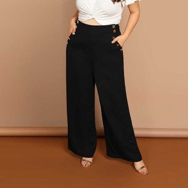 

Plus Button Detail Slant Pocket Palazzo Pants, Black