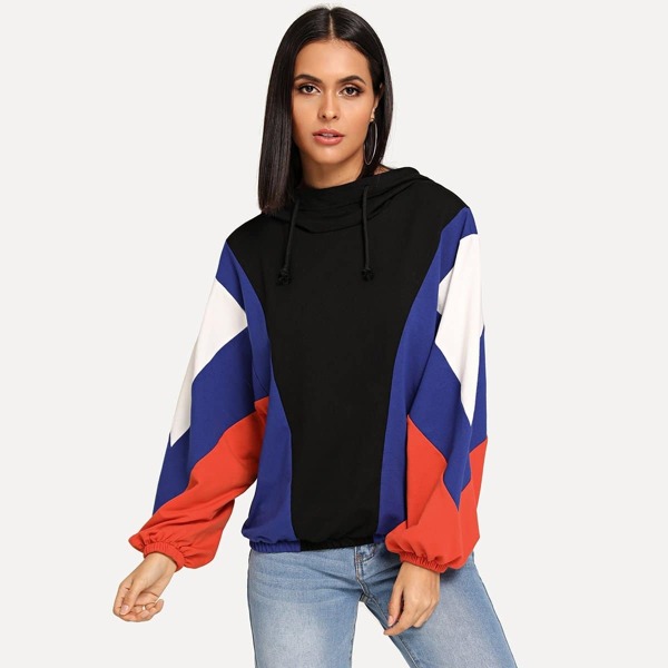 

Drawstring Neck Colorblock Hooded Sweatshirt, Multicolor