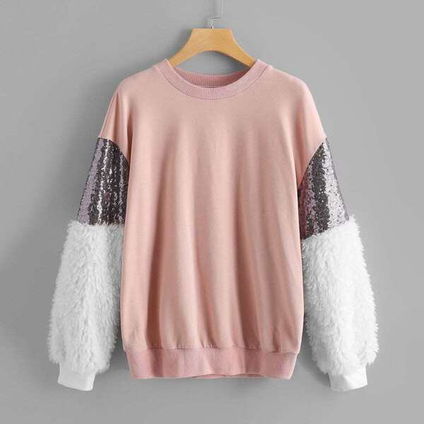 

Plus Contrast Faux Fur and Sequin Pullover