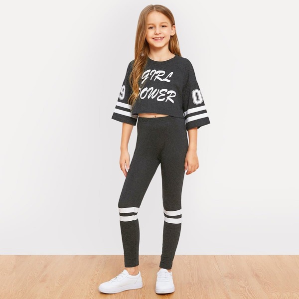 

Girls Letter and Striped Print Top and Leggings Set