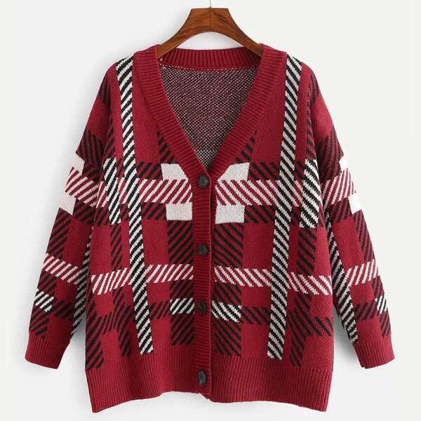 

Plus Single-breasted Plaid Knit Coat, Red