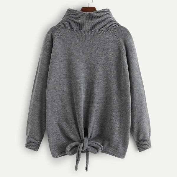 

Plus Turtle Neck Knot Hem Sweater, Grey