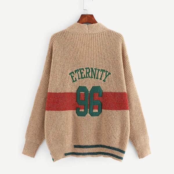 

Plus Letter Embroidered Striped Sweater Coat, Khaki