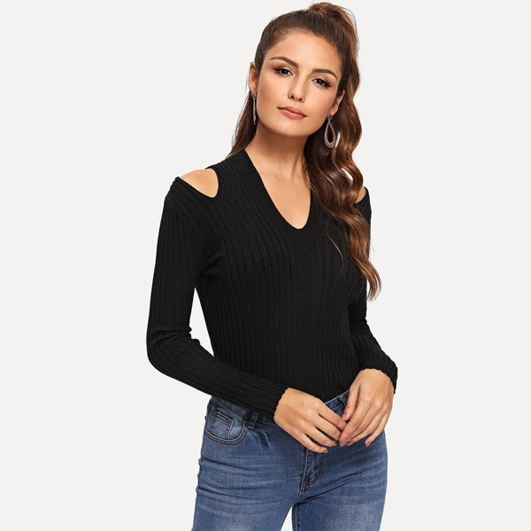 

Cut Out Shoulder Form Fitting Jumper