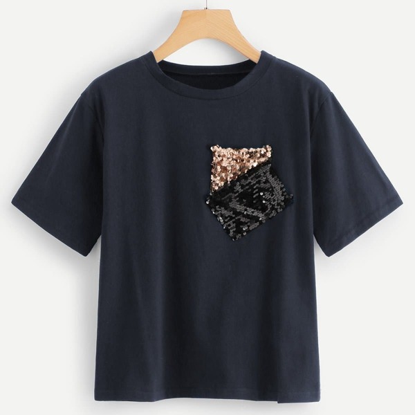 

Contrast Sequin Tee, Navy