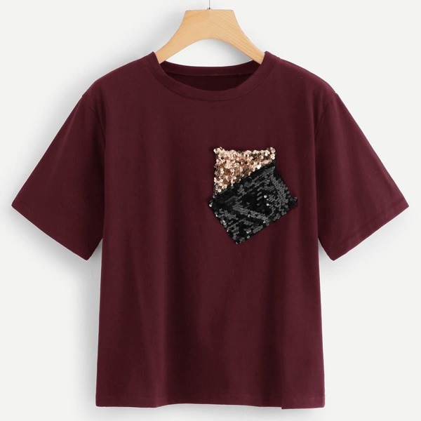 

Contrast Sequin Pocket Tee, Burgundy
