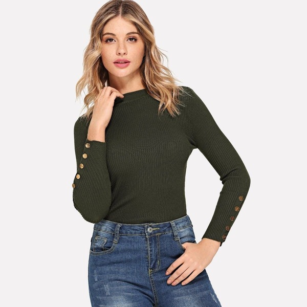 

Buttoned Cuff Rib Knit Fitted Sweater