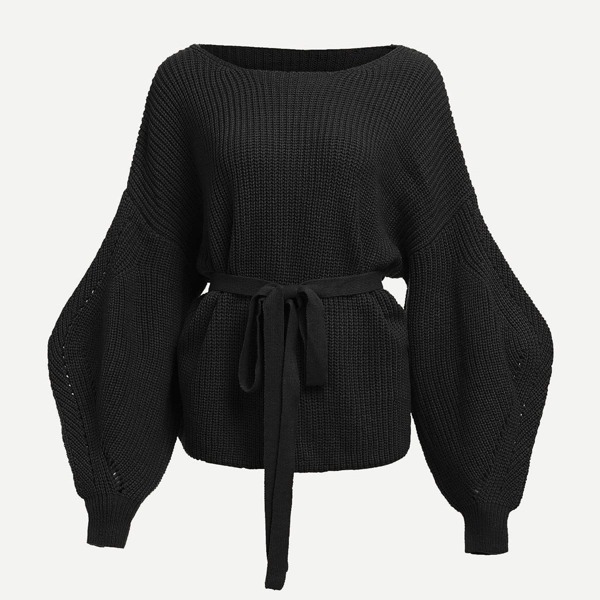 

Lantern Sleeve Tie Waist Solid Sweater