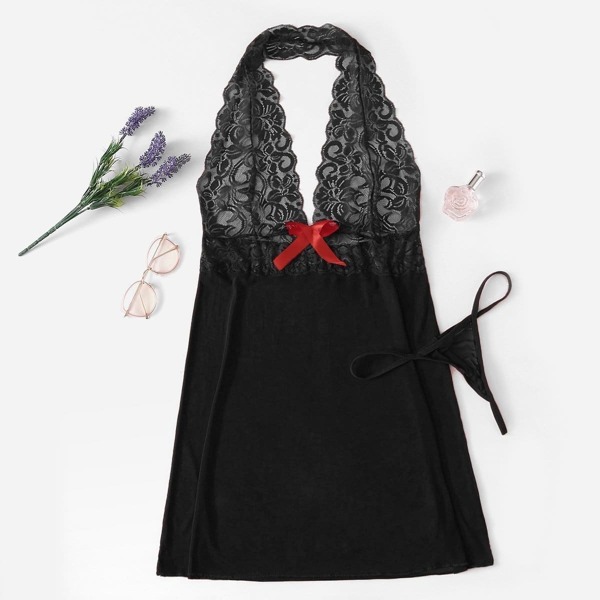 

Plus Scalloped Trim Contrast Lace Dress With Thong, Black