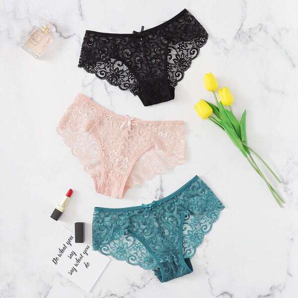 

Scalloped Trim Floral Lace Panty Set 3pcs, Multicolor