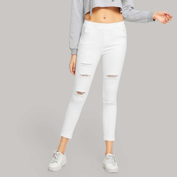 

Elastic Waist Destroyed Skinny Crop Jeans