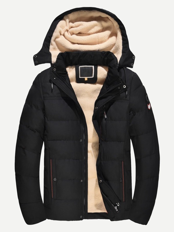 

Men Fleece Lined Detachable Hooded Puffer Coat, Black