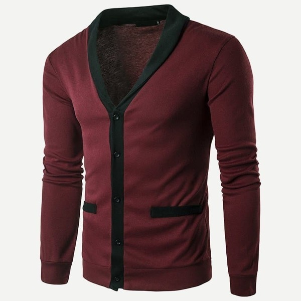Men Contrast Trim Single Button Sweater Coat, Burgundy