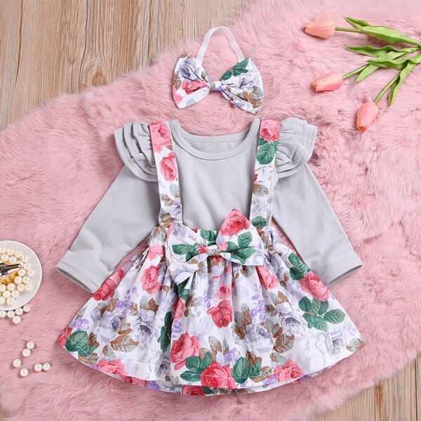 

Baby Ruffle Trim Top & Floral Print Pinafore Skirt & Headband, Multicolor