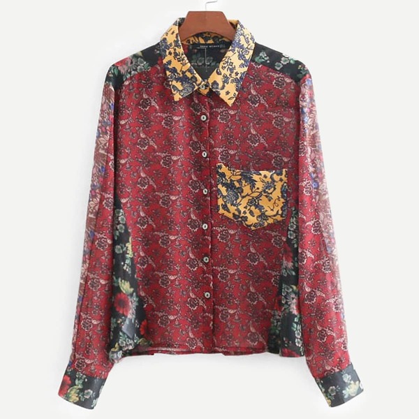 

Pocket Front Scarf Print Blouse