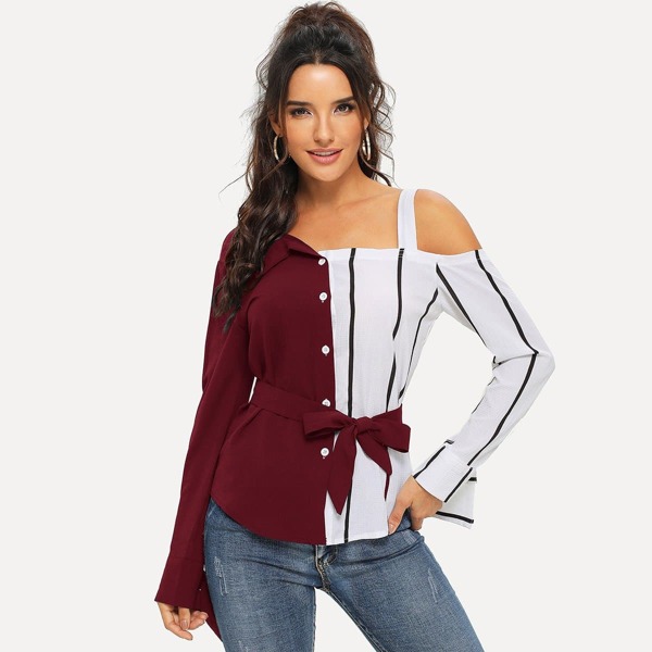 

Striped Spliced Asymmetrical Neck Belted Blouse, Burgundy
